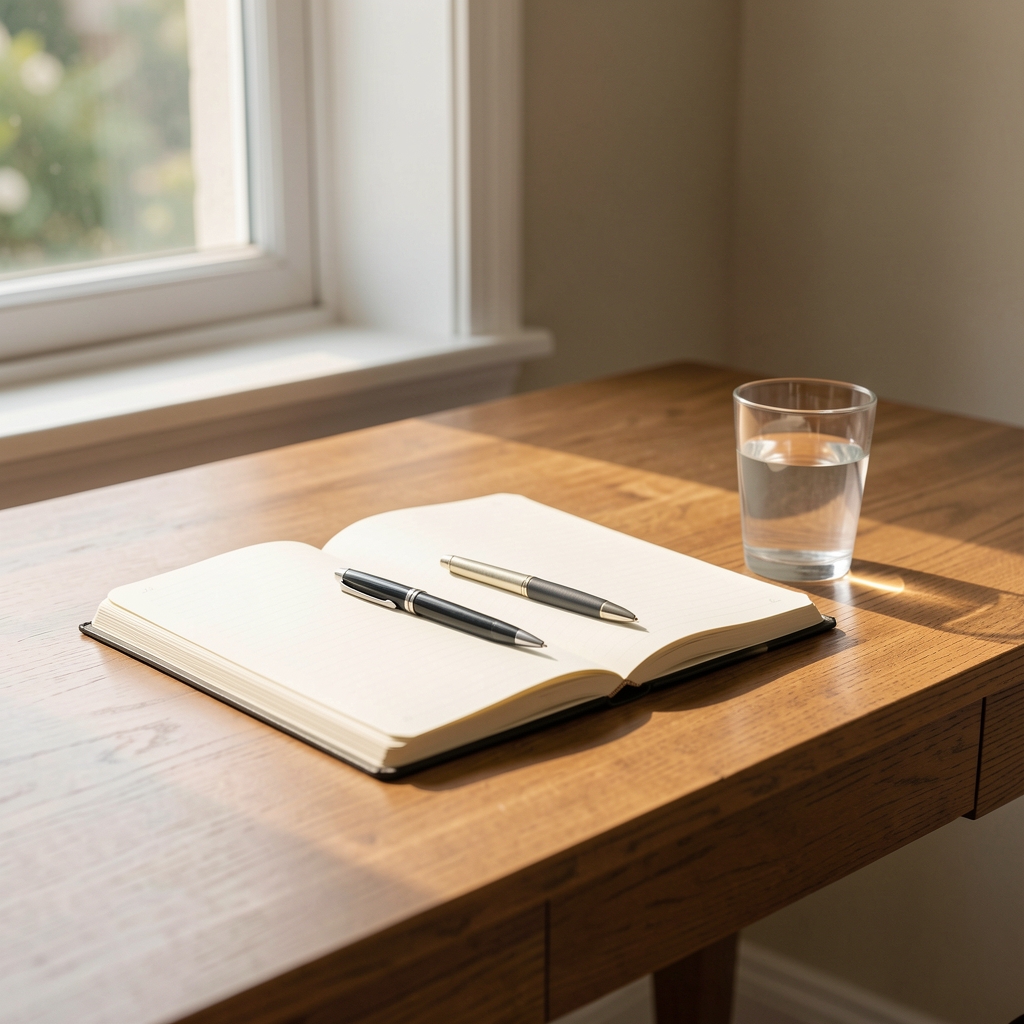 Writing desk with an open notebook, pen, and glass of water, morning light through window
