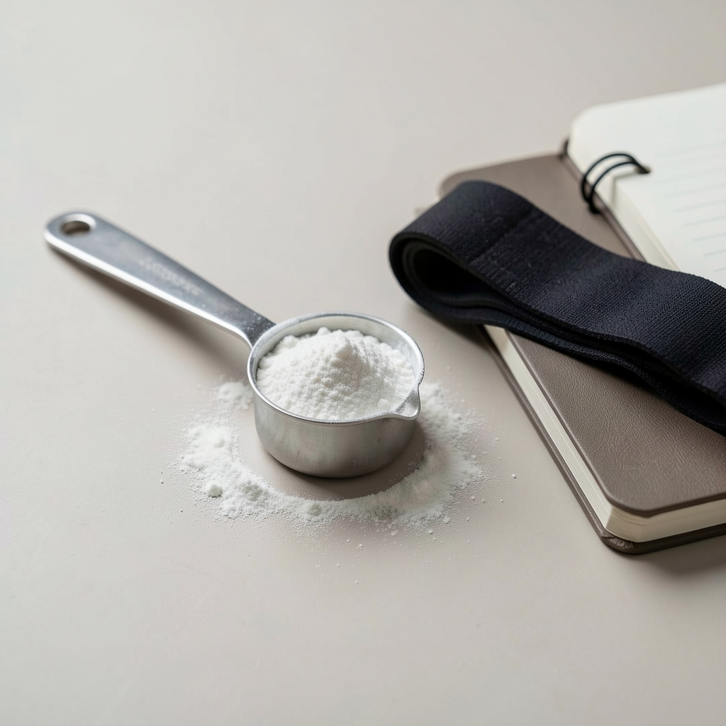 Creatine powder measuring scoop resting on a clean neutral surface beside a resistance band and training notebook