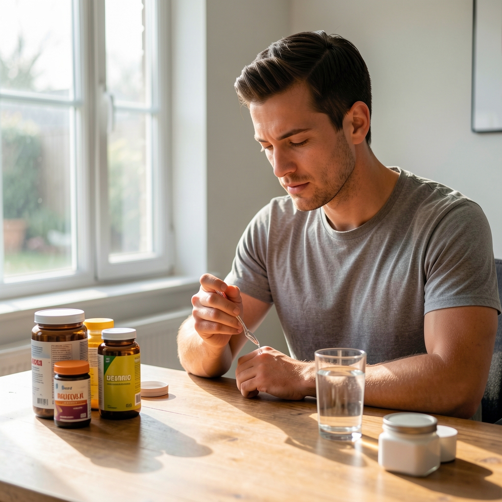 Active man preparing his morning supplement and nutrition routine, natural light filtering through a window onto a wooden desk with supplement containers and a glass of water